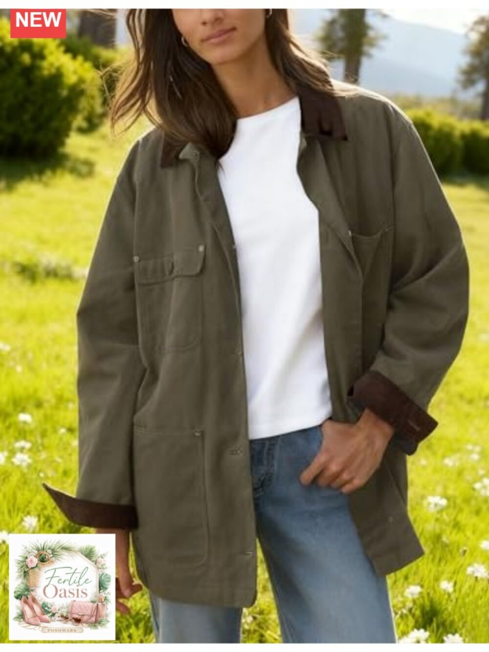 Womens Utility Barn Jacket Oversized Corduroy Collar Cotton Coat - Picture 3 of 6